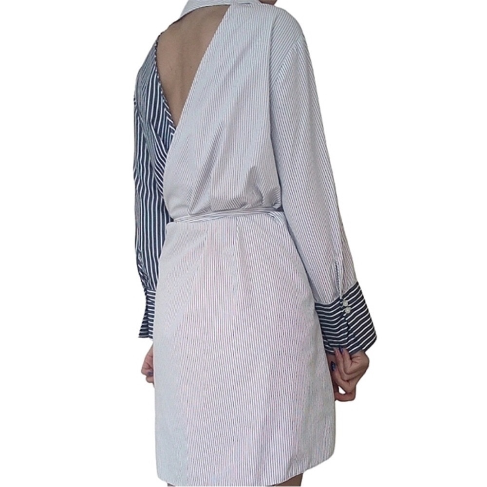 RIPE striped wrap open back button front long sleeve shirt dress size Small